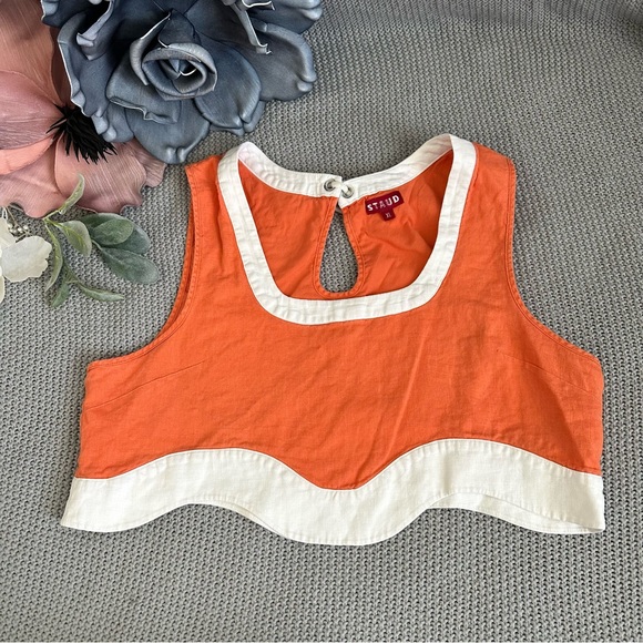 STAUD Livia Scallop Crop Top Orange Linen Size XL - Picture 1 of 9